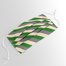[ Thumbnail: Dim Grey, Bisque & Dark Green Colored Stripes/Lines Pattern Face Mask ]