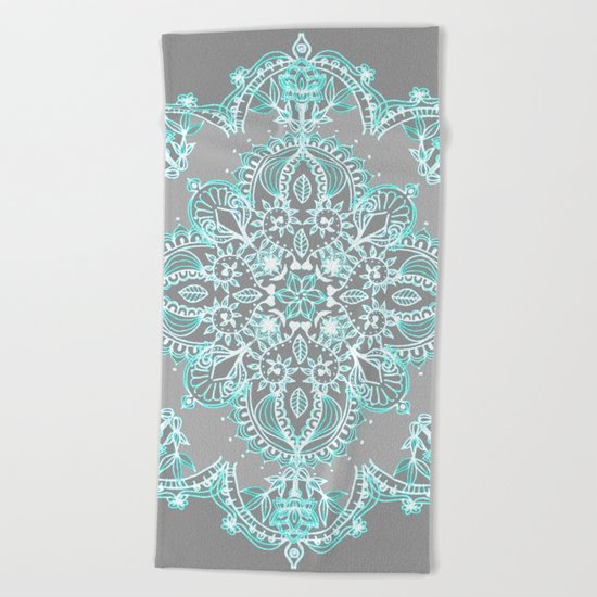 Teal and Aqua Lace Mandala on Grey Beach Towel