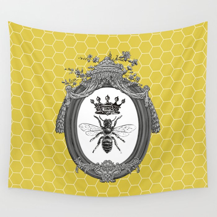 Queen Bee No. 3 | Vintage Bee with Crown | Honeycomb | Wall Tapestry