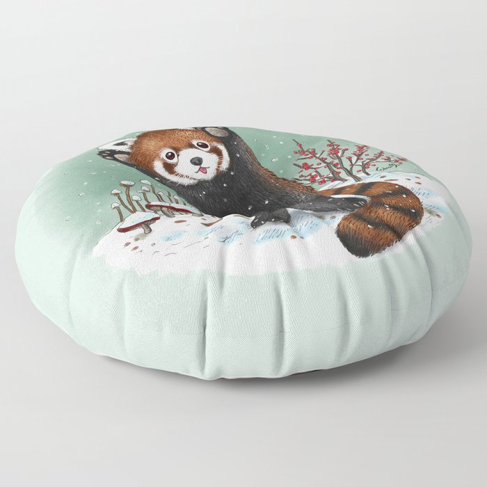 Red Panda playing in snow Floor Pillow