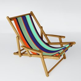 [ Thumbnail: Vibrant Black, Dark Sea Green, Aquamarine, Red, and Midnight Blue Colored Pattern of Stripes Sling Chair ]