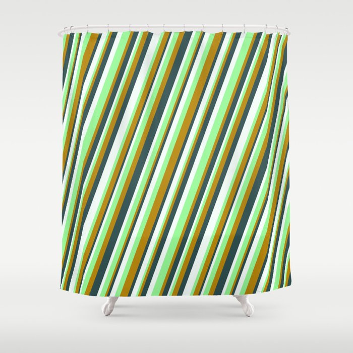 Green, Dark Goldenrod, Dark Slate Gray & Mint Cream Colored Lines/Stripes Pattern Shower Curtain