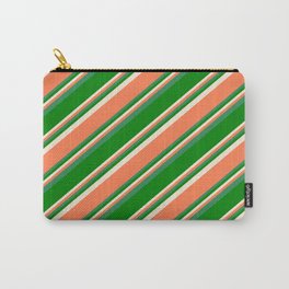 [ Thumbnail: Beige, Coral, Sea Green, and Green Colored Pattern of Stripes Carry-All Pouch ]