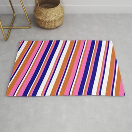 [ Thumbnail: Hot Pink, Dark Blue, White, and Chocolate Colored Lines Pattern Rug ]