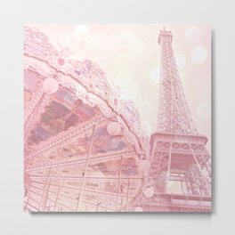 Paris Pink Eiffel Tower Carousel Metal Print