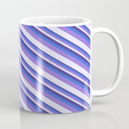 [ Thumbnail: Dark Slate Blue, Royal Blue, Purple, and Lavender Colored Striped/Lined Pattern Coffee Mug ]