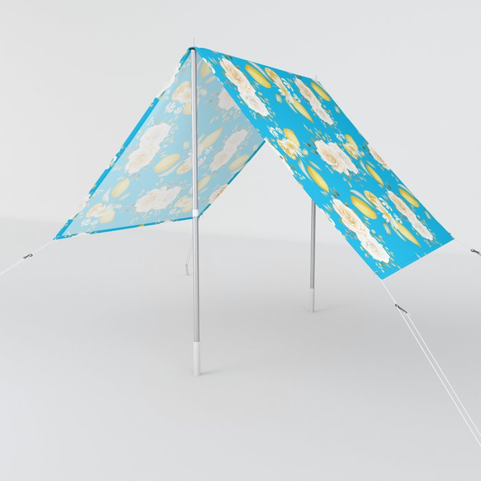 Lemons and White Flowers Pattern On Turquoise Background Sun Shade