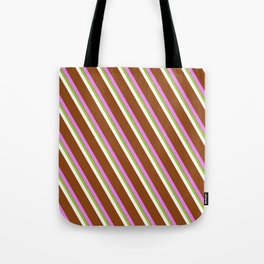[ Thumbnail: Vibrant Green, White, Brown, Violet, and Black Colored Lines/Stripes Pattern Tote Bag ]
