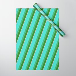 [ Thumbnail: Turquoise, Sea Green, Forest Green, and Light Pink Colored Pattern of Stripes Wrapping Paper ]