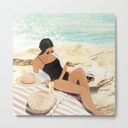 Sunbathing Metal Print | Woman, Color, Illustration, Painting, Line, Beach, Coast, Landscape, Blue, Pattern 