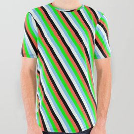 [ Thumbnail: Eye-catching Red, Lime, Light Sky Blue, Mint Cream & Black Colored Lined Pattern All Over Graphic Tee ]
