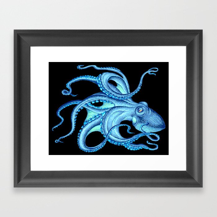 Blue Teal Octopus Tentacles Ink Black Nautical Marine Dance Framed Art Print