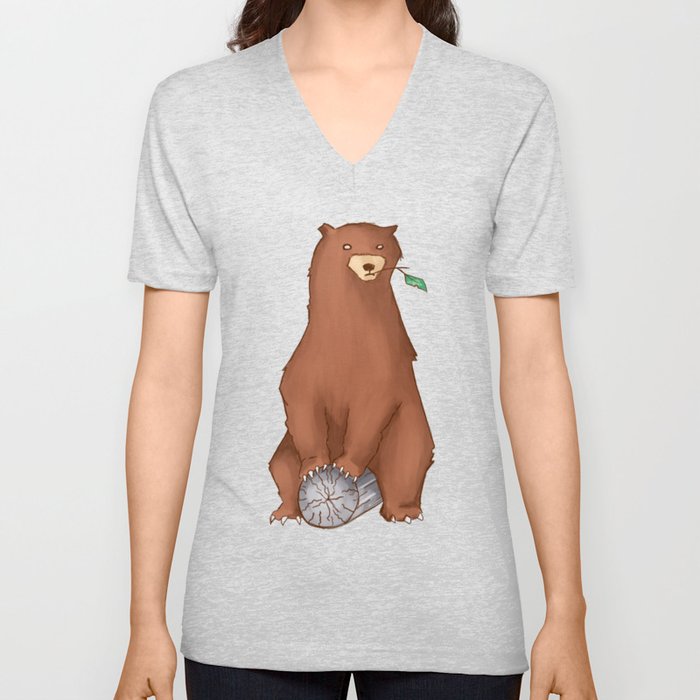 BROWN BEAR AND A LEAF V Neck T Shirt
