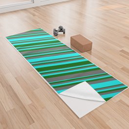 [ Thumbnail: Aqua, Dark Green & Dim Grey Colored Lines/Stripes Pattern Yoga Towel ]