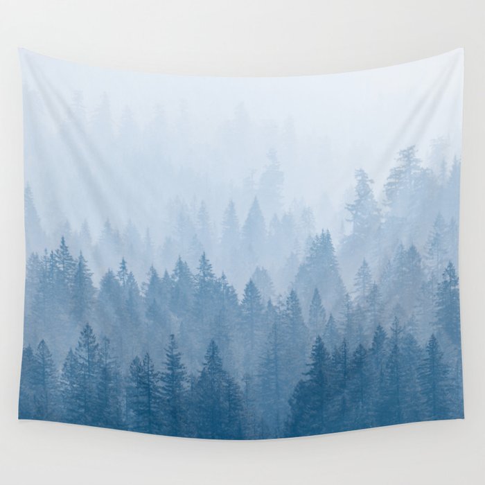 Drift Away - Blue Misty Foggy Forest Adventure Wall Tapestry