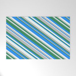 [ Thumbnail: Blue, Mint Cream, Grey, and Sea Green Colored Pattern of Stripes Welcome Mat ]