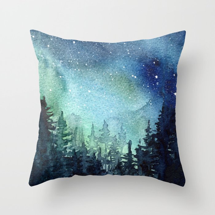 Galaxy Watercolor Aurora Borealis Painting Throw Pillow