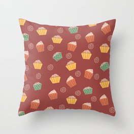 Sweet Cupcakes Print On Maroon Background Pattern Throw Pillow