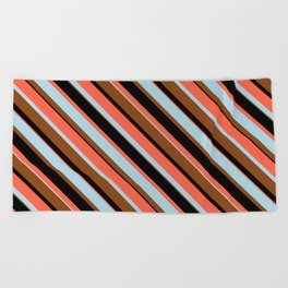 [ Thumbnail: Red, Light Blue, Brown, and Black Colored Lines/Stripes Pattern Beach Towel ]