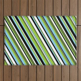 [ Thumbnail: Eye-catching Dark Olive Green, Green, Sky Blue, Black & White Colored Stripes/Lines Pattern Outdoor Rug ]