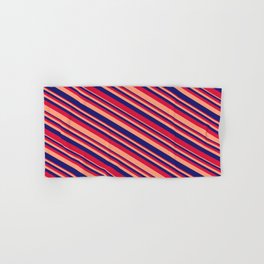 [ Thumbnail: Light Salmon, Midnight Blue & Crimson Colored Lines/Stripes Pattern Hand & Bath Towel ]