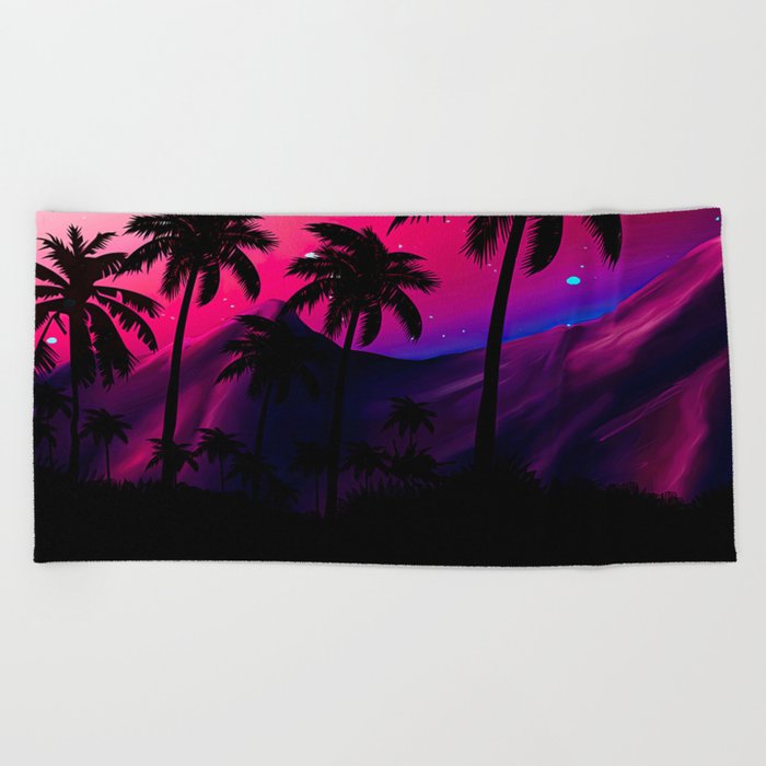 Neon landscape: Pink purple tropical beach [synthwave/vaporwave/cyberpunk] — aesthetic poster Beach Towel
