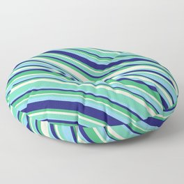 [ Thumbnail: Eyecatching Aquamarine, Sky Blue, Midnight Blue, Sea Green & Beige Colored Striped/Lined Pattern Floor Pillow ]
