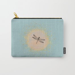 Sketched Dragonfly and Gold Circle Frame on Sage Blue Green Carry-All Pouch