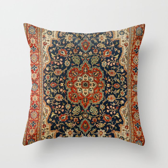 Central Persia 19th Century Authentic Colorful Dark Blue Red Tan Vintage Patterns Throw Pillow