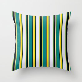 [ Thumbnail: Teal, Yellow, Lavender & Black Colored Striped Pattern Throw Pillow ]