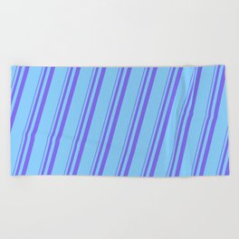 [ Thumbnail: Medium Slate Blue & Light Sky Blue Colored Stripes Pattern Beach Towel ]