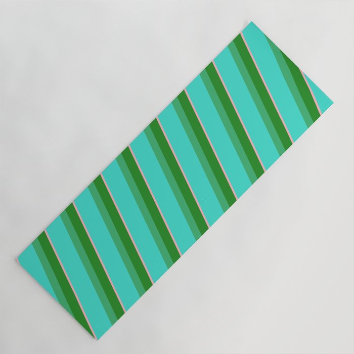 Turquoise, Sea Green, Forest Green, and Light Pink Colored Pattern of Stripes Yoga Mat