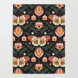 Folk Art Butterfly and Flowers  Poster