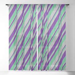 [ Thumbnail: Indigo, Sea Green & Dark Gray Colored Lined/Striped Pattern Sheer Curtain ]