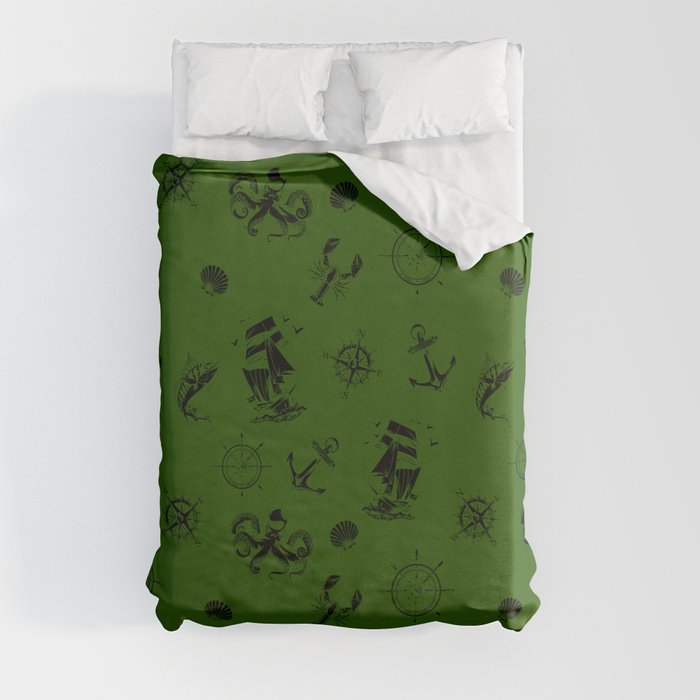 Green And Black Silhouettes Of Vintage Nautical Pattern Duvet Cover