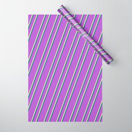 [ Thumbnail: Orchid, Tan & Teal Colored Stripes/Lines Pattern Wrapping Paper ]