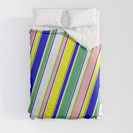 [ Thumbnail: Eyecatching Mint Cream, Yellow, Sea Green, Light Pink & Blue Colored Lines/Stripes Pattern Duvet Cover ]