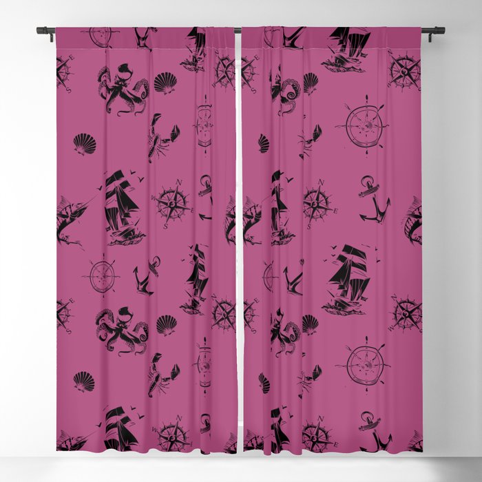 Magenta And Black Silhouettes Of Vintage Nautical Pattern Blackout Curtain