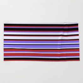 [ Thumbnail: Red, Medium Slate Blue, Lavender, and Black Colored Stripes/Lines Pattern Beach Towel ]