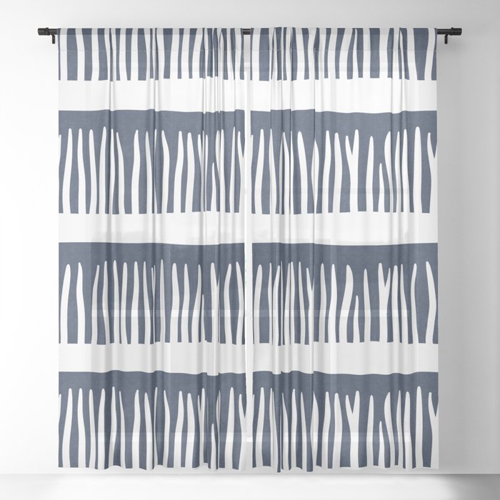 Abstract Blades Of Grass In Navy Blue Sheer Curtain By