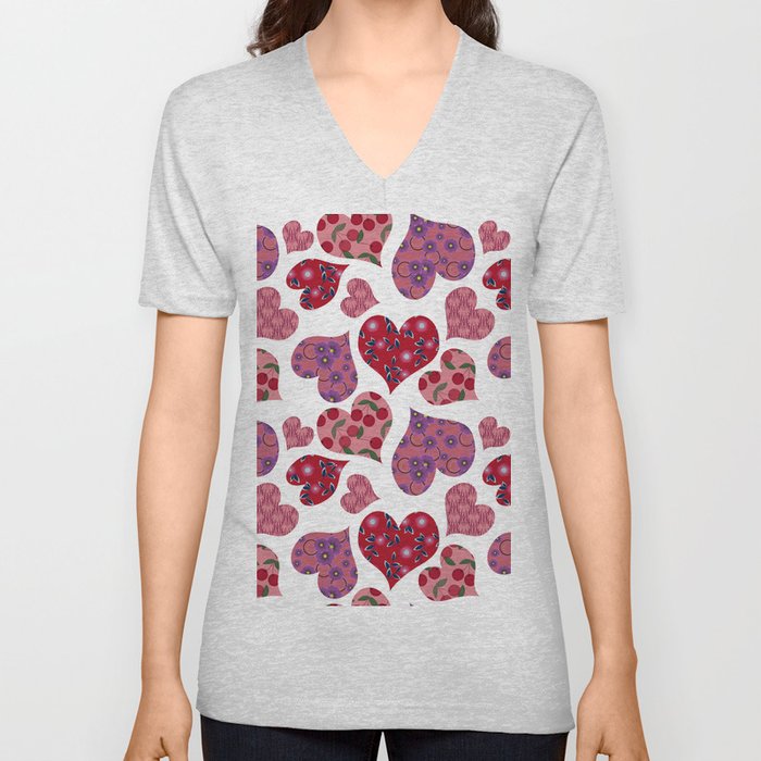 Seamless pattern with hearts with floral ornament V Neck T Shirt