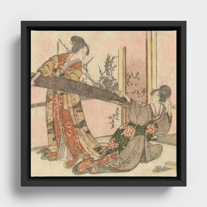 Hokusai, Two women with a koto Framed Canvas