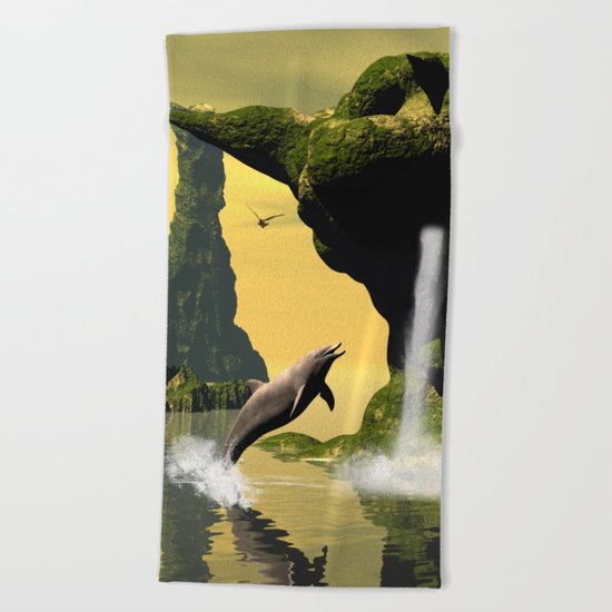 Funny jumping dolphins Beach Towel