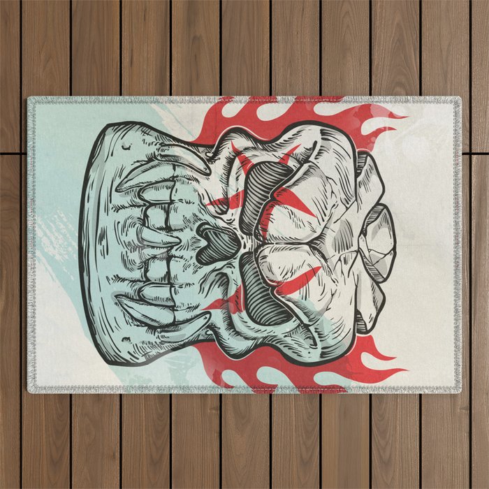 skull sketch design on white  background with flame Outdoor Rug