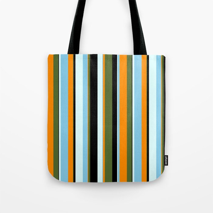 Eyecatching Dark Olive Green, Dark Orange, Sky Blue, Light Cyan & Black Colored Lines Pattern Tote Bag
