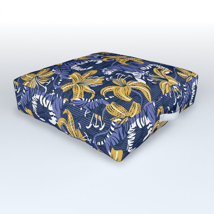 Tigers in a tiger lily garden // textured navy blue background very peri wild animals goldenrod yellow flowers Outdoor Floor Cushion