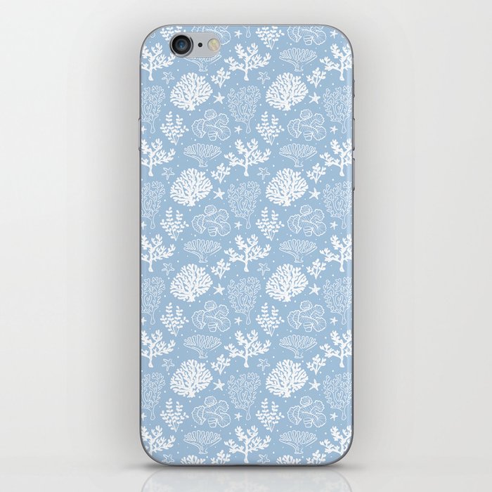 Pale Blue And White Coral Silhouette Pattern iPhone Skin