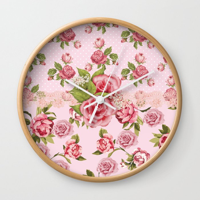 Country Rose Pink Floral Wall Clock
