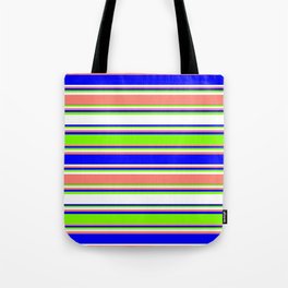 [ Thumbnail: Blue, Green, White, and Salmon Colored Lined Pattern Tote Bag ]