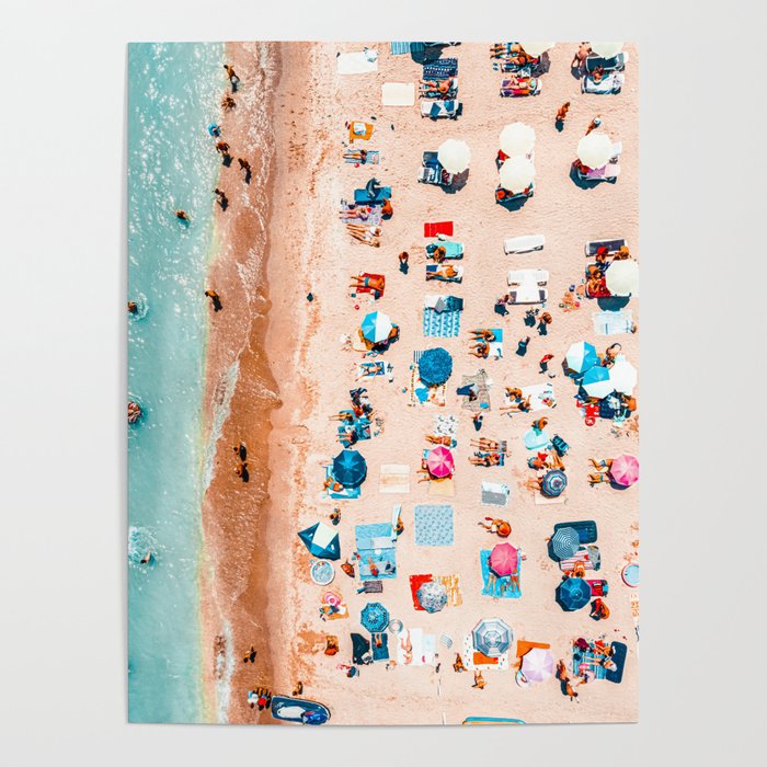 Hot Summer Beach, Aerial Beach, Ocean Sea Waves Print, People Beach Aerial Print, Beach Print, Sea Beach Print, Summer Vibes Art Print Poster